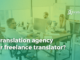 Translation agency or freelance translator title on yellow-green photo of people working at an office