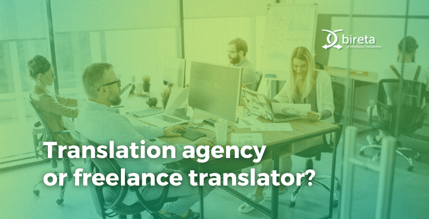 Translation agency or freelance translator title on yellow-green photo of people working at an office