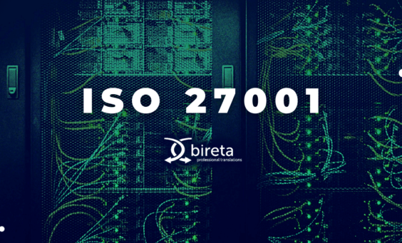 Zdjęcie serwerowni z logo biura tłumaczeń Bireta i napisem ISO 27001