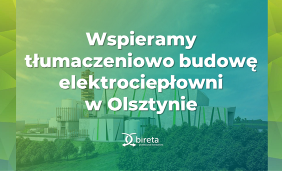 Napis i logo Bireta na tle zdjęcia elektrociepłowni w Olsztynie